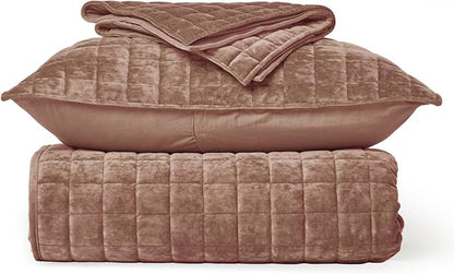 RECYCO Luxury Velvet Quilt Queen Size Bedding Set, Ultra Soft Velvet Comforter Set, Lightweight Quilted Channel Box Stitch Oversized Bedspread Coverlet for All Season, with 2 Shams, Terracotta Clay
