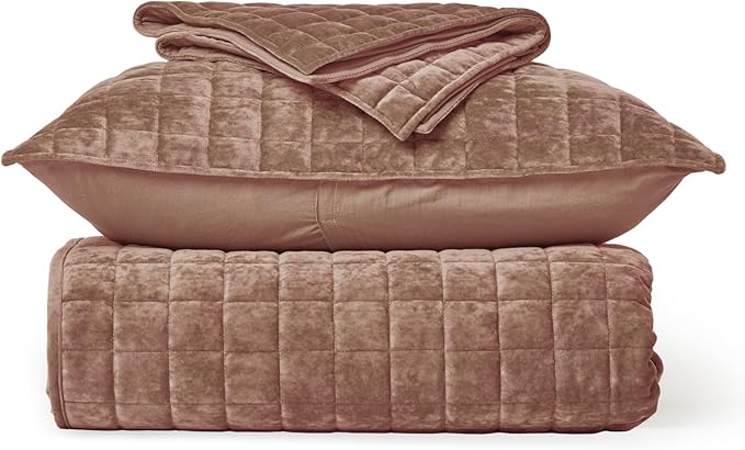 RECYCO Luxury Velvet Quilt King Size Bedding Set, Ultra Soft Velvet Comforter Set, Lightweight Quilted Channel Box Stitch Oversized Bedspread Coverlet for All Season, with 2 Shams, Terracotta Clay