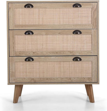 PHI VILLA Rattan Dresser - Nightstand with Drawer Boho Small Cabinet 3 Drawer Dresser, Bedside Table
