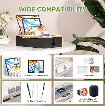 Pezin & Hulin Bamboo Charging Station, Electronic Devices Organizer for Multiple Devices Charger Such As Cell Phone, Tablet, Watch and More, Natural+Black, (No USB Charger and Cables