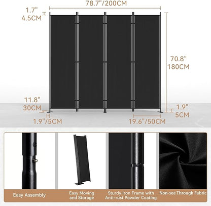 C-Hopetree 4 Panels Room Divider, 6 Ft Tall Indoor Folding Privacy Screen, Portable Partition Separator, Freestanding Separation Temporary Wall for Office, Bedroom, 80" W X 71" H, Black