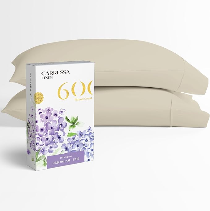 Carressa Linen 100% Egyptian Cotton King Size Pillow Cases Set of 2 - Luxury 600 Thread Count King Pillowcases (Sand), Silky Soft, Cooling, Breathable Sateen Weave Hotel Quality Bed Pillow Cover