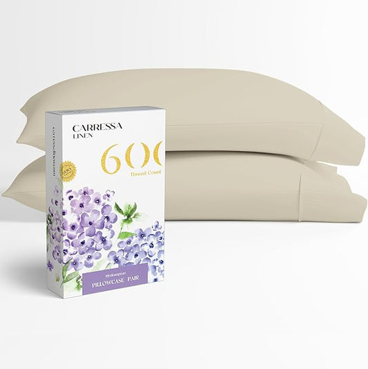 Carressa Linen 100% Egyptian Cotton King Size Pillow Cases Set of 2 - Luxury 600 Thread Count King Pillowcases (Sand), Silky Soft, Cooling, Breathable Sateen Weave Hotel Quality Bed Pillow Cover