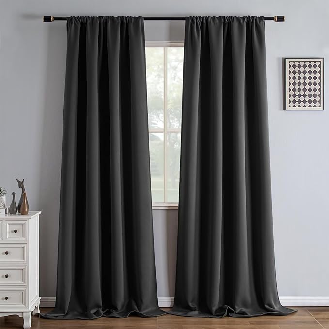 Blackout Curtains 96 Inch Length 2 Panels Set, Black Out Curtains for Bedroom 96 Inch Long, Rod Pocket Energy Saving Room Darkening Drapes for Living Room Window Dark Grey(W52 x L96)