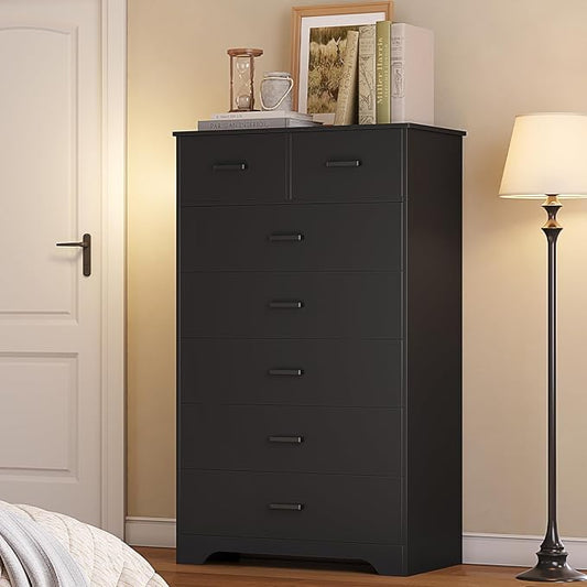 Hasuit Tall Dresser for Bedroom, Black Large Chest of Drawers, 55.6'' High Dressers with 7 Drawers, Modern Wooden Vertical Storage Clothes Closet Organizer