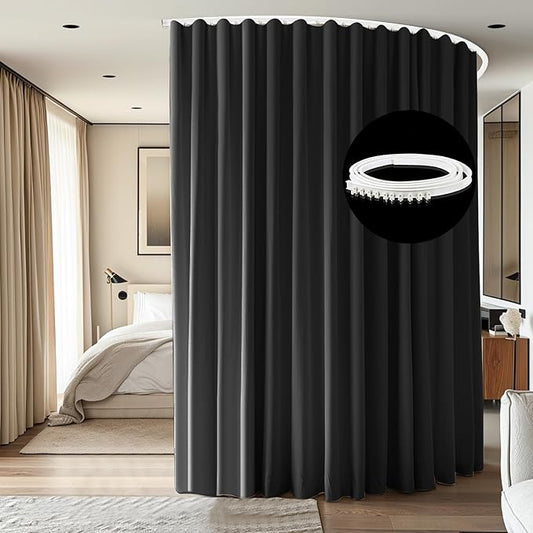 Room Divider Ceiling Mounted Curtains Track Sets Extra Wide Blackout Curtain Flexible Tracks for Bedroom Privacy Partition Separator, 1Panel Black Drape and White Rail, W10 x H10ft