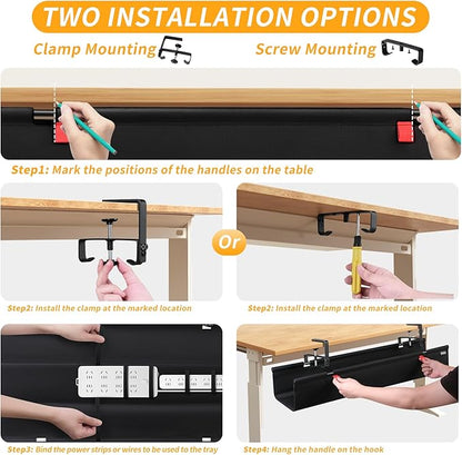 No Drill Under Desk Cable Management Tray, 28" Cord Organizer with Clamp, Fabric Cable Management for Standing Desks, Ideal for Home & Office - Black
