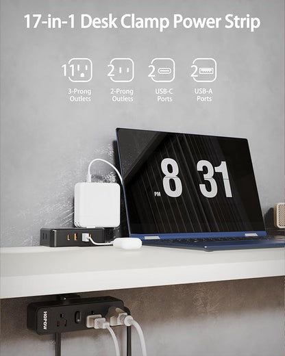Dual Layer Desk Clamp Power Strip, Desktop Edge Mount Charging Station with 13 Outlets 4 USB Ports (2 USB C), Under Desk Surge Protector(1700 Joules), 10 Ft Extension Cord for Office Home