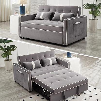 Convertible Sofa Bed, 3-in-1 Loveseat Futon Sofa Bed with 3-Position Adjustable Backrest & Side Pocket, Modern Velvet Fabric Pull Out Couch for Living Room, Small Spaces (Grey)