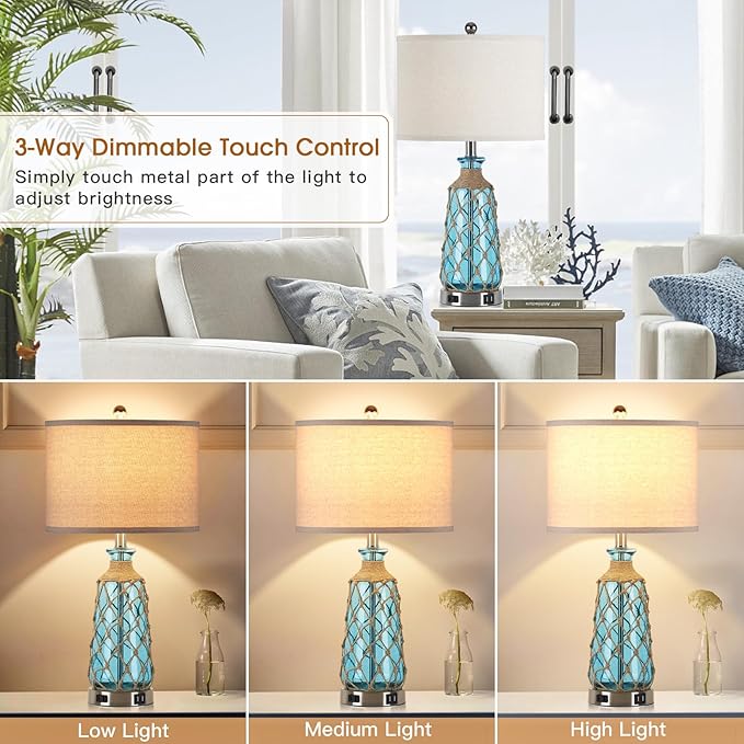 25.5" Coastal Glass Table Lamps Set of 2, 3-Way Dimmable Touch Control Bedside Lamps with 2 USB Ports and AC Outlet, Blue Nautical Nightstand Lamps for Bedroom Living Room (LED Bulbs Included)