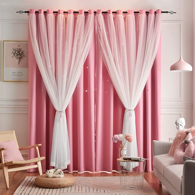 Star Curtains Blackout Curtains for Bedroom, Double Layer Curtains Nursery Curtains Cute Curtains, Kids Curtains for Girls, Curtains 96 Inches Long 2 Panels, Pink Curtains, 52 X 96 Inches