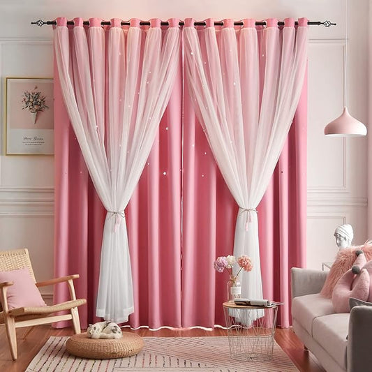 Star Double Layer Blackout Curtains for Bedroom & Kids, Cute, 84 Inch Long 2 Panel Set, Pink, 42 x 84 Inch
