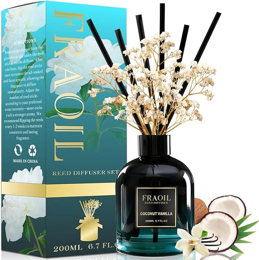 Coconut Vanilla Reed Diffuser, Reed Diffuser Set 6.7 fl oz (200 ml) with 6 Reed Sticks, Home Fragrance Reed Diffuser for Bathroom Shelf House Bedroom Office Decor