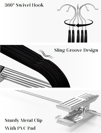 Cozymood Velvet Skirt Hangers 24 Packs Velvet Hangers with Clips Ultra Thin Non Slip Velvet Pants Hangers Space Saving Clothes Hanger for Trouser, Skirts, Jeans (Black)
