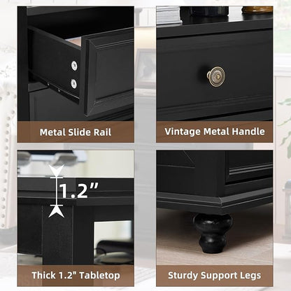 Farmhouse Nightstand Set of 2 with Charging Station, 24" Wide End Table with 2 Drawers,Wood Dresser for Bedroom,Black Bed Side Table Chest of Drawers Cabinet,Night Stand for Living Room