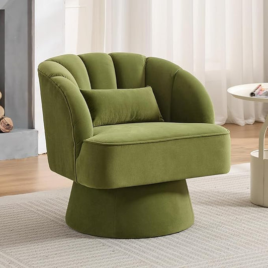 GarveeHome Modern Swivel Barrel Accent Chair, 360 Degree Velvet Upholstered Armchair with Striped Backrest & Plush Padding, Comfy Round Lounge Chair for Living Room, Bedroom, Reading Nook, Green
