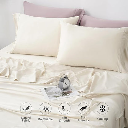 400TC Queen Sheets, Rayon Derived from Bamboo, Cooling Bed Sheets Set,Deep Pocket Up to 16", 4 Pieces Silky Soft, Breathable Bedding Sheets & Pillowcases,Cream