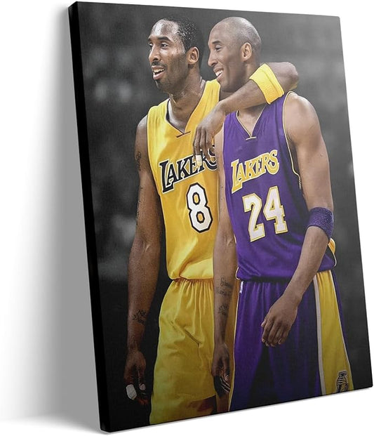 Kobe Bryant Canvas Wall Art Print Poster, Iconic Basketball Player Dual-Era Tribute Artwork, No. 8 and No. 24 Jersey Mamba Mentality Wall Decor for Home Gym Dorm Office Living Room, Framed 20x24inch