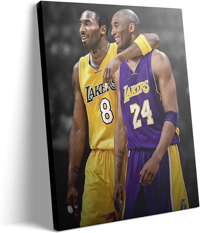 Kobe Bryant Canvas Wall Art Print Poster, Iconic Basketball Player Dual-Era Tribute Artwork, No. 8 and No. 24 Jersey Mamba Mentality Wall Decor for Home Gym Dorm Office Living Room, Framed 16x20inch