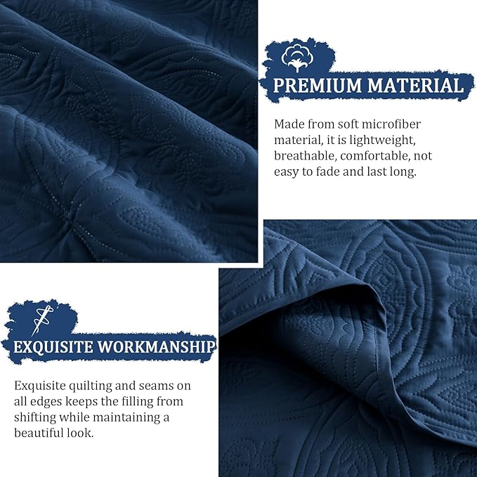 Yiran Navy Blue Quilt Set King Size Lightweight Bedspread Embossed Pattern Soft Microfiber Coverlet for All Season with 2 Pillow Shams (106"x96")