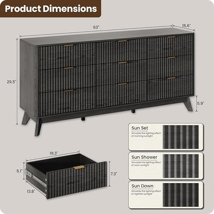 63'' Wide 9 Drawers Dresser for Bedroom,Modern Fluted Vertical Chest with Rounded Corners,Fluted Dresser for Living Room,Hallway, Black