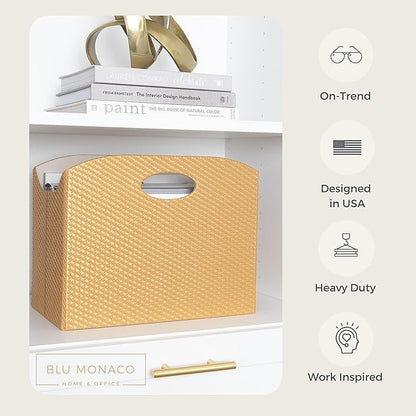 BLU MONACO | Gold Magazine Holder | Woven PVC Leather Organizer with MDF Frame | Floor or Table Storage for Home Office Bathroom | Large Capacity Vertical File Basket