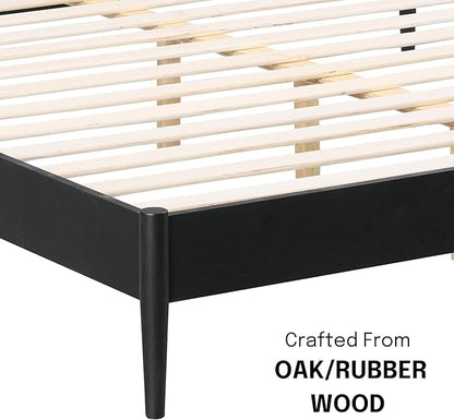 NTC Lupin Wooden Bed Frame with Headboard and Natural Rattan, Solid Oak Foundation with Silent Slats, 1000 Lb Capacity, Effortless Assembly, King - Burnt Black