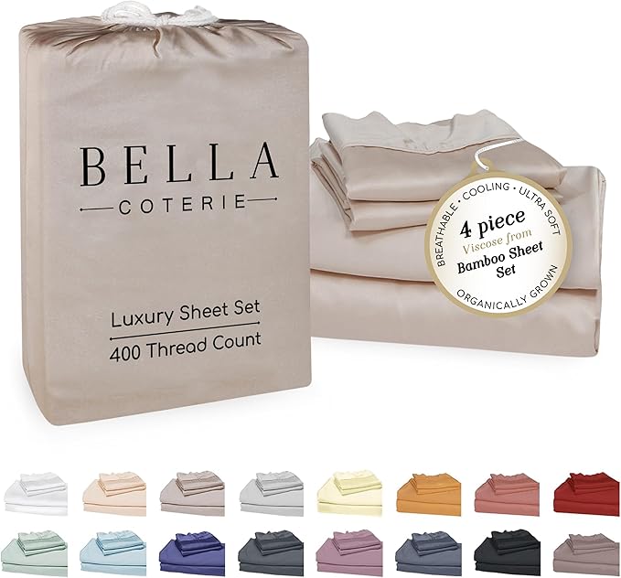 Bella Coterie Luxury Bamboo Viscose Cal King Size Sheet Set | 100% Organically Grown | Ultra Soft | Cooling for Hot Sleepers | 18" Deep Pocket [Dune]