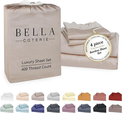 Bella Coterie Luxury Bamboo Viscose Cal King Size Sheet Set | 100% Organically Grown | Ultra Soft | Cooling for Hot Sleepers | 18" Deep Pocket [Dune]