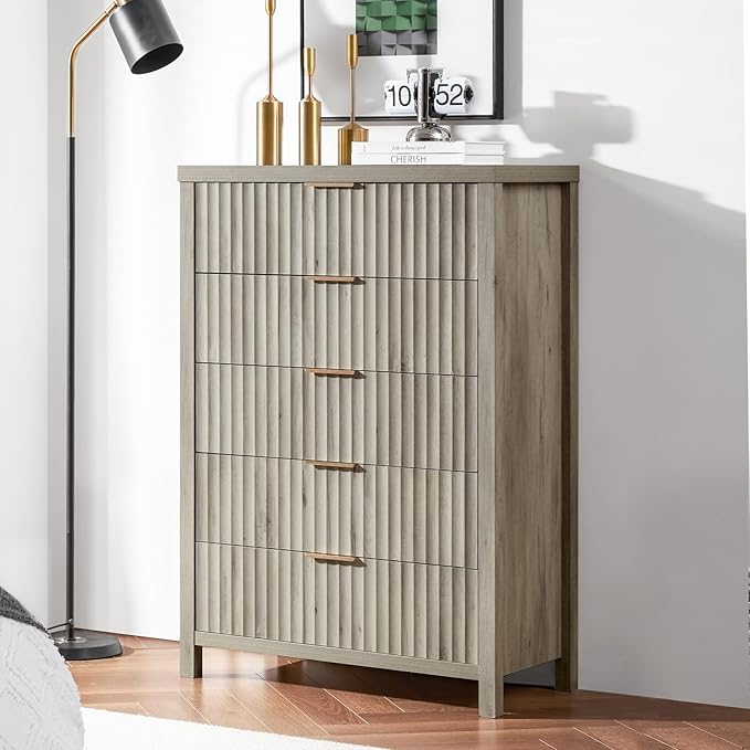 5 Drawers Dresser for Bedroom, 44 Inches Tall Modern Bedroom Dressers, Chest of Drawers for Bedroom, Fluted Dresser for Closet Organizer for Living Room, Hallway, Entryway (Grey Oak)