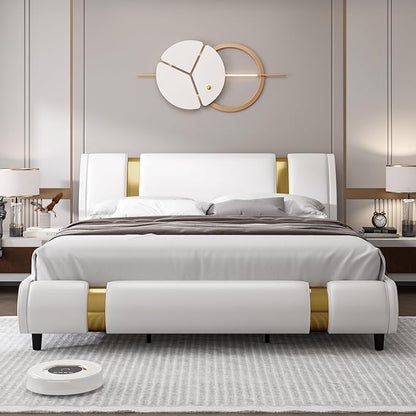 TTVIEW Modern Faux Leather Upholstered Platform Bed Frame with Golden Iron Metal Decor, Adjustable Curved Headboard, Wooden Slats Support, No Box Spring Needed, King Size, White