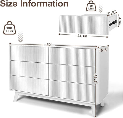 Fluted 6 Drawers Dresser for Bedroom,52" Wide Handleless Chest of Drawers with Faux Marble Top, Wooden Dresser TV Stand, Wood Drawer Organizer for Living Room, Hallway, White