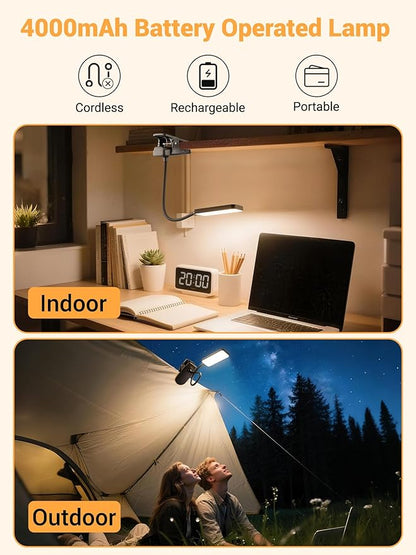 Clip on Light,9 Brightness+5 Color Rechargeable Desk Lamp,4000mAh Battery Operated Lights,450 Lumen 48 LED Desk Lamp with Clamp Light,Cordless Reading Lamps for Bed/Headboard/Bedside Table