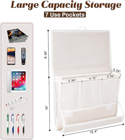 Bedside Caddy Bedside Storage Organizer Bedside Organizer with Power Strip Holder and 2 Adjustable Straps for Home Bunk Bed College Dorm Sofa (White)
