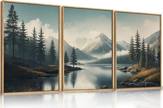 LHIUEM Large Mountain Misty Forest Framed Canvas Wall Art,Nature Ridge Foggy Wall Decor,Snow Lake Woodland Wall Painting,Pine Tree Artwork for Living Room,Bedroom,Dining Room,Office -24"x36"x3
