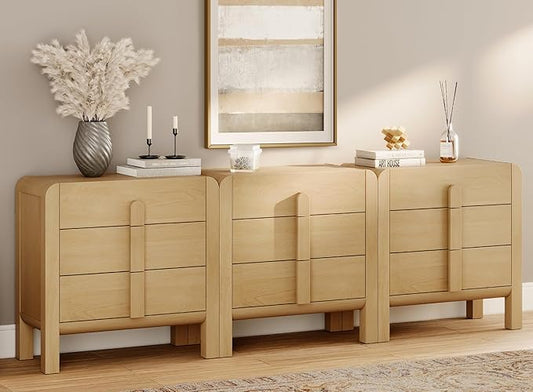 WAMPAT 3 in 1 9 Drawer Dresser for Bedroom, 94.5" Wide Mid Century Modern Wide Chest of Drawer, Wood Tall Nightstand with Curved Edge Handles, Closet Dresser TV Stand for Bedroom, Oak