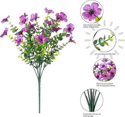 HyeFlora Artificial Flowers for Outdoor Indoor Garden Home Decoration, Faux Flower Daisy with Eucalyptus Leaves Fake Plants Greenery Boxwood Porch Patio, 12 Bundles (Purple)