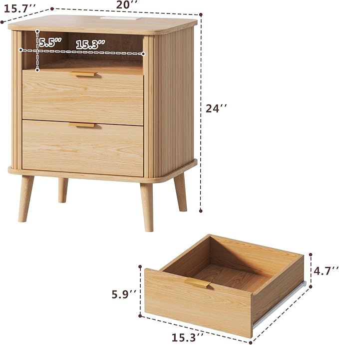 Fluted Nightstand, Night Stand with Charging Station, Mid Century Modern Bedside Table with Drawer & Open Shelf, Curved Profile Design, End Side Table with Storage for Bedroom, Oak