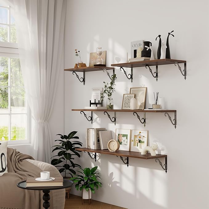 Dreamland Deep Floating Shelves, 36" W x 12" D Wall Shelves Set of 2, Wide Display Shelf Wall Mounted with Brackets, Bookshelf for Living Room, Bathroom, Bedroom, Walnut