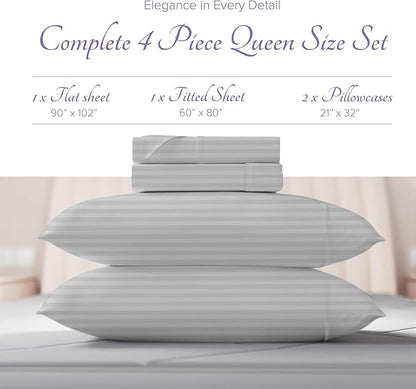 Carressa Linen Luxury Egyptian Cotton Queen Stripe Sheet Set, 600 Thread Count Extra Long Staple 4 PC Set, Queen Damask Sheets, Soft, Cooling Sateen Weave Sheets Upto 18" Deep Pocket - Dark Grey
