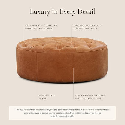 POLY & BARK Ascot Ottoman – 40" Round Pouf with Feather-Down Topper – Full-Grain Leather Upholstered Pouf Ottoman for Living Room – Vintage Italian Leather in Cognac Tan