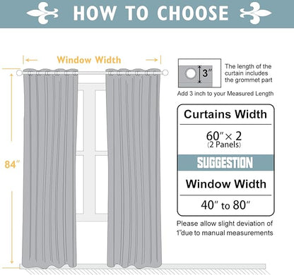 ChrisDowa 100% Blackout Curtains 84 inch Long for Bedroom with Black Liner, Extra Wide 2 Layers Total Blackout Thermal Insulated Grommet Window Curtains 2 Panels Set (Greyish White, 60 x 84 Inch)