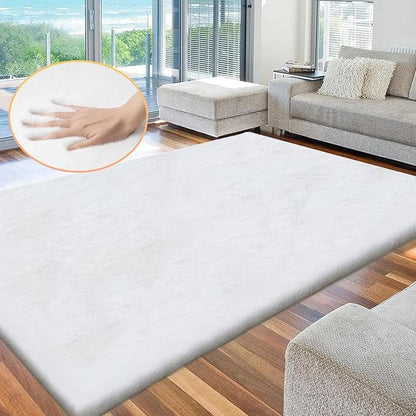 White Fluffy Living Room Rugs 6x9 Area Rug Washable Shag Rugs for Bedroom Faux Rabbit Fur Nursery Rug Rectangle Rug