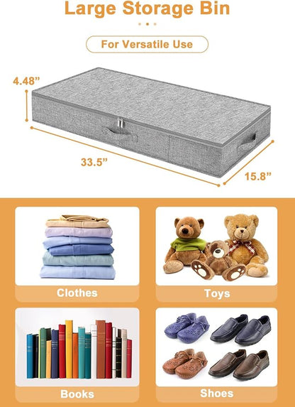 punemi Under Bed Storage Containers, 2 Pack 4.5 Inch Tall Low Profile Underbed Clothes Storage Organizer Bin with Sturdy Side & Bottom Support, Use as Clothes Organizer, Pillow and Blanket Organizer