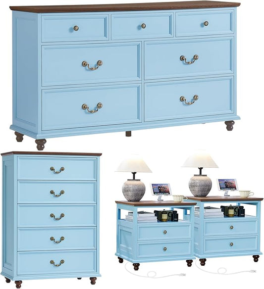 24" Wide Farmhouse Nightstand with Charging Station Set of 2, 54" 7 Drawers Dresser, 45" Tall Rustic Chests of 5 Drawers, Farmhouse Furniture Series for Bedroom,LightBlue