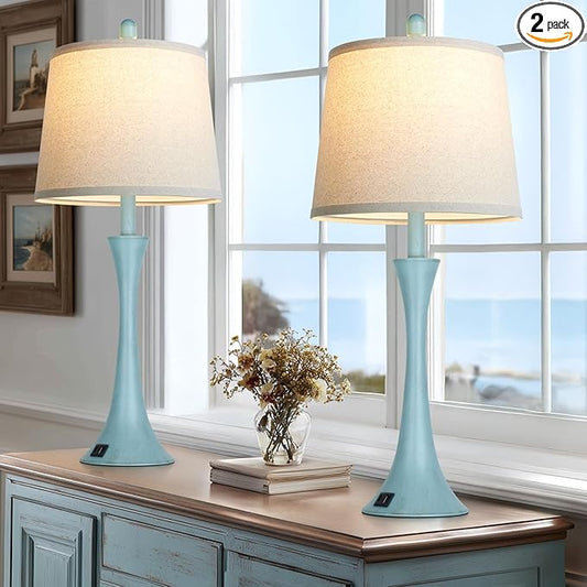 Riweey Blue Metal Table Lamp Set of 2 with USB C+A Ports, Bedside Lamp, Modern Bedroom Lamps, Coastal Lamp for Night Stands Bedroom Living Room,Nightstand Lamp LED Bulbs Included