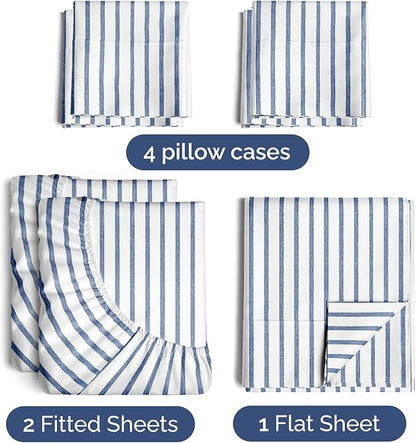 Split King 7 Piece Sheet Set - Cooling & Breathable - Hotel Luxury Bedding Includes Fitted Sheets for Women, Men, Kids & Teens - 1 Flat, 2 Fitted Sheets, 4 Pillowcases w/Deep Pockets - Blue Stripes