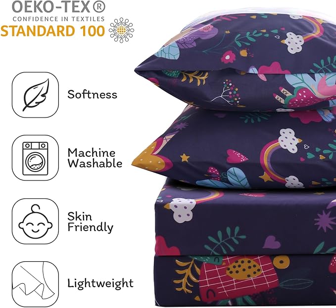 JSD Purple Fairy Kids Sheet Set Twin Size, 3 Piece Girls Floral Printed Microfiber Sheets Deep Pocket