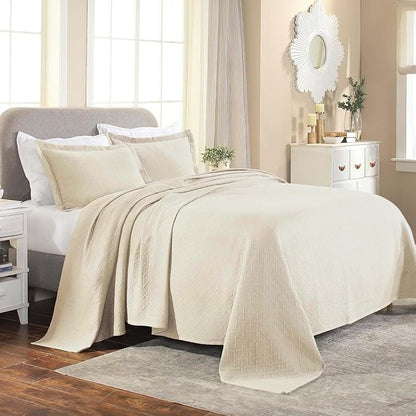 Superior 2 Piece Basketweave Cotton Bedspread Set, Home Bed Decor, Decorative Bed Spread, 1 Pillow Sham, Medium Weight Blanket, Matelasse Coverlet Bedding, Geometric Lattice Pattern, Twin, Ivory