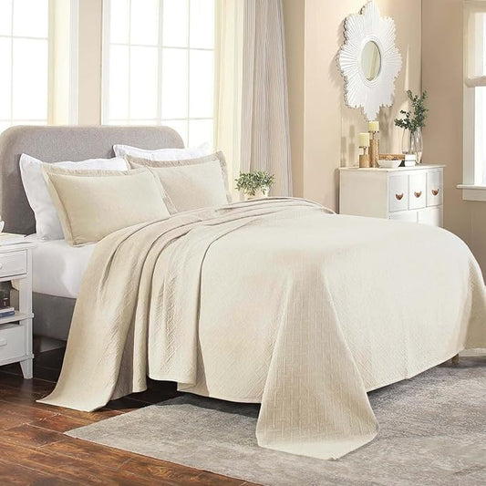 Superior 2 Piece Basketweave Cotton Bedspread Set, Home Bed Decor, Decorative Bed Spread, 1 Pillow Sham, Medium Weight Blanket, Matelasse Coverlet Bedding, Geometric Lattice Pattern, Twin, Ivory